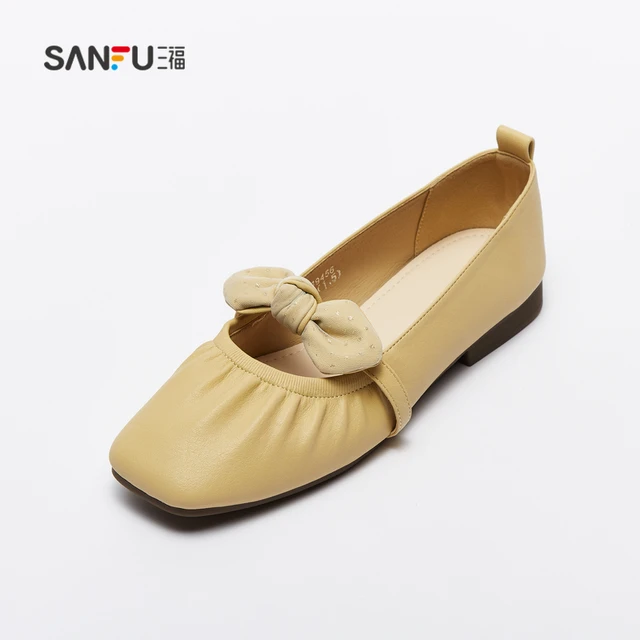 SANFU 三福 淑女鞋女2023气质波点蝴蝶结装饰褶皱设计通勤平底单鞋 819456 黄色 36