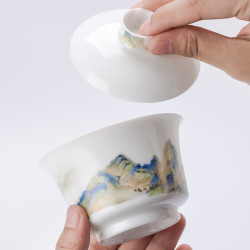 景德镇粉彩 景德镇陶瓷千里江山功夫茶具套装手绘家用公杯茶杯盖碗组合