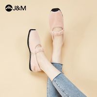 J&M快乐玛丽棉鞋女平底加厚加绒保暖甜美珠饰魔术贴舒适女毛毛鞋