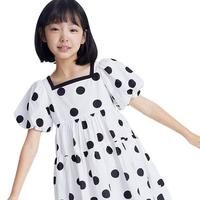 Annil 安奈儿 童装女童连衣裙2023年夏装方领纯棉波点印花裙子白底花110