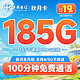 中国电信 秋月卡 首月免费试用 19元月租（185G国内流量+100分钟通话）