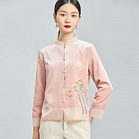 粉蓝衣橱 新中式绣花金丝绒衬衫女士新款2023年秋冬立领上衣