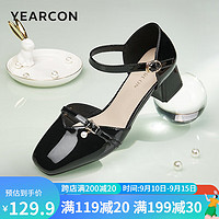 YEARCON 意尔康 女鞋方头一字带中空鞋粗跟时尚百搭凉鞋 29313W 黑色 35