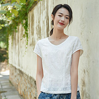 Cloth Fu 布符 原创夏季新款气质修身复古休闲中式拼接V领上衣女款 白色 XL
