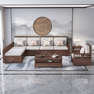 新中式胡桃木沙发实木客厅贵妃现代中式布艺简约储物小户型木沙发