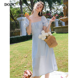 dodc法式蓝色方领连衣裙女2023夏季后背系带设计感长款裙子