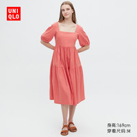 优衣库女装麻混纺灯笼袖抽褶连衣裙甜美风裙子长裙23春夏461802
