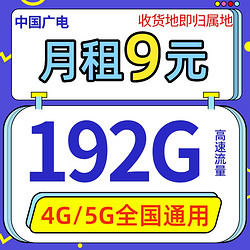 BROADCASTING 廣電 福兔卡 9元月租（162G通用流量+30G定向流量）送110元出行券 收貨地即歸屬地