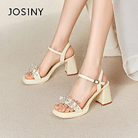 JOSINY 卓诗尼 凉鞋女夏季时尚一字带凉鞋露趾搭扣粗高跟女鞋 米白色 37