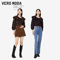 VERO MODA 奥莱衬衫春秋复古格纹荷叶领蝴蝶结百搭上衣女