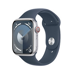 Apple 苹果 Watch Series 9 智能手表 GPS+蜂窝网络款 45mm 银色铝金属表壳 风暴蓝色橡胶表带 M/L