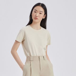 MECITY女装夏季针织圆领基础款休闲短袖T恤优雅t恤紫色知性