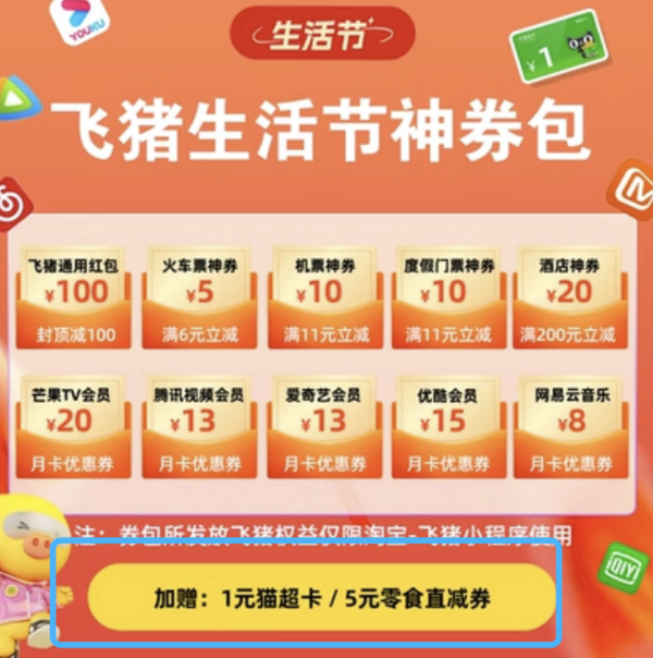 含1元猫超卡!5元火车票券!飞猪生活节优惠券包 最高省268元