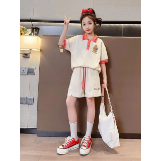 啪吡熊女童运动套装夏装2023新款儿童大童夏季休闲短袖POLO衫短裤两件套 XF-069米色 120