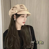 精选褶皱子女2023年韩版八角帽大头围显脸小时尚个性小众贝雷帽 卡其色