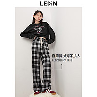 LEDIN 乐町 休闲直筒格纹裤抽绳设计2023冬季新款女生休闲宽松阔腿裤