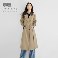 干练显瘦撞色拼接皮质面料女式中长款风衣 M 卡其驼(收藏品牌，及时获取活动提示)