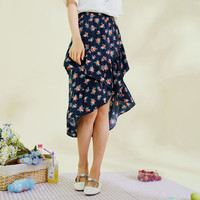 ELAND衣恋夏季清凉气质甜美中长款A字碎花中长款半身裙 L 藏青色(59)Navy