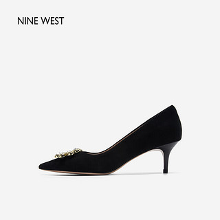 NINE WEST/玖熙宴会单鞋女反绒方扣水钻尖头高跟鞋 NH365006SK 黑色36