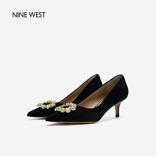 NINE WEST/玖熙宴会单鞋女反绒方扣水钻尖头高跟鞋 NH365006SK 黑色36