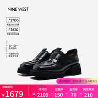 NINE WEST/玖熙乐福鞋女鞋时尚潮流波浪厚底魔术贴方头单鞋 黑色(牛漆皮) 34