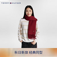 TOMMY HILFIGER女装纯羊毛经典金属字母流苏边围巾AW0AW15349 胭脂红XJS OS