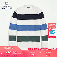 布克兄弟（BrooksBrothers）男士新纯棉圆领粗条纹长袖针织毛衣 B115-白色条纹 S