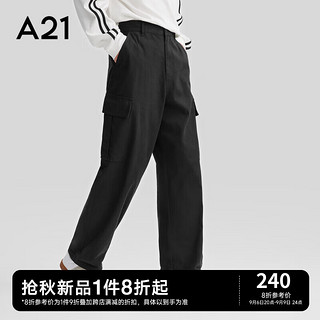 A21休闲裤男装宽松半橡筋腰直筒工装长裤纯棉裤子男 黑色 S
