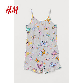 H&M HM童装女童裤子夏季蝴蝶结装饰褶边裤脚印花气质连身短裤0922908