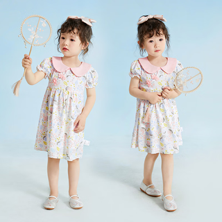 JELLYBABY儿童夏装纯棉宝宝裙子小童中国风衣服女童连衣裙夏 粉色 100cm