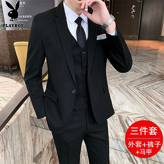 花花公子西服套装男三件套职业正装小西装商务绅士伴郎服新郎结婚外套男装 黑色 M