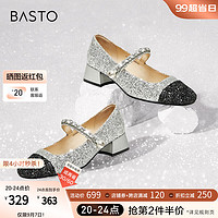 百思图商场法式小香风玛丽珍小银鞋粗跟女单鞋KC352CQ3 银色/黑色 34