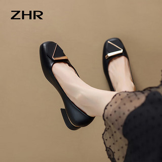 ZHR单鞋女法式浅口时尚女鞋舒适软底小方跟船鞋女 BL176 黑色 35 