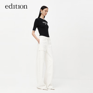 edition针织衫女一体成型无缝撞色边运动针织短袖上衣 黑色 S/160