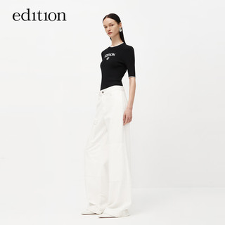 edition针织衫女一体成型无缝撞色边运动针织短袖上衣 黑色 S/160