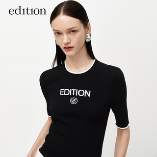 edition针织衫女一体成型无缝撞色边运动针织短袖上衣 黑色 S/160