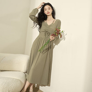 西遇韩式休闲连衣裙小众抽褶方领修身显瘦长款裙 绿色（L/XL9月11日） S