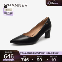 C.BANNER千百度高跟鞋秋季新款时装单鞋粗跟尖头浅口女鞋正装通勤羊皮