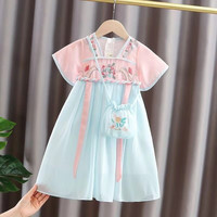 薇靡雅WEIMIYA汉服女童连衣裙刺绣夏季薄款中国风短袖古装襦裙 碧绿色 90