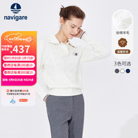 Navigare意大利小帆船羊毛衫女士翻领毛衣保暖刺绣打底衫 科技白 M/48