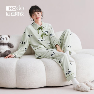 红豆（Hodo）女士珊瑚绒睡衣抗静电厚款保暖秋冬熊猫印花可外穿家居服套装 橡果绿 160