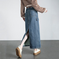 尚都比拉时尚复古牛仔半身裙秋装2023裙子女简约高腰显瘦显高长裙 牛仔蓝 S