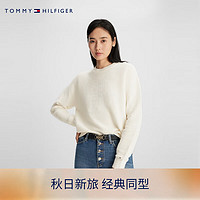 TOMMY HILFIGER 女装纯棉简约LOGO圆标肌理感宽松版针织衫39891 米白色YBH XS