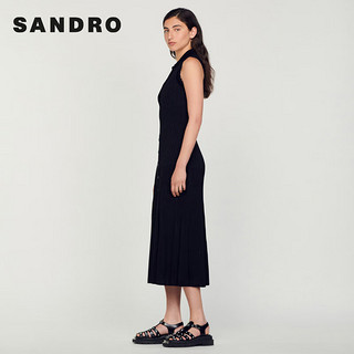 SANDRO女装法式花边袖修身长款针织连衣裙SFPRO03189 黑色 36