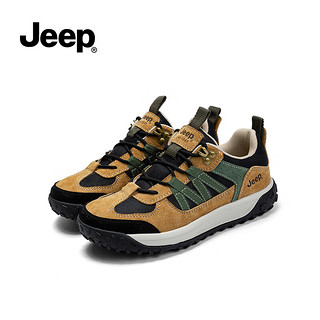 Jeep（吉普）冬女鞋复古厚底德训鞋户外登山鞋休闲运动鞋老爹鞋子男 黑黄绿 38