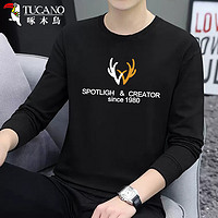啄木鸟（TUCANO）卫衣男士秋季韩版纯色印花圆领长袖T恤时尚上衣男装 黑色 2XL