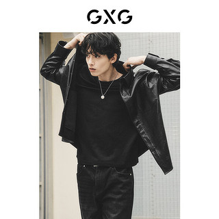 GXG男装 城市回溯黑色柔软皮衣暗纹满印翻领衬衫外套 黑色 180/XL