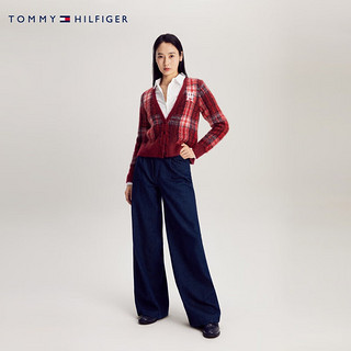 TOMMY HILFIGER 女装含羊毛混纺格纹绒毛合身V领针织外套40129 红色格子0QL XS