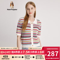 Hush Puppies暇步士女装季纯棉复古彩色条纹镂空针织短袖女 328红白 XL