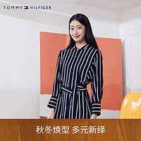 TOMMY HILFIGER 女装方块条纹系带收腰纽扣圆领合身连衣裙40995 藏青白条纹0A4 40